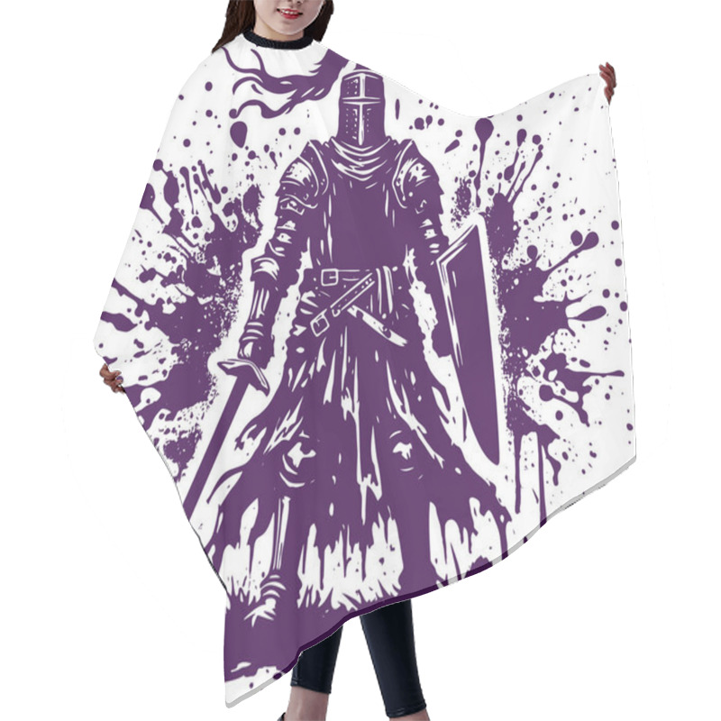 Personality  A Knight In Metal Armor With A Sword And Shield Stands Ready For Battle Abstract Vector Stencil Drawing Hair Cutting Cape