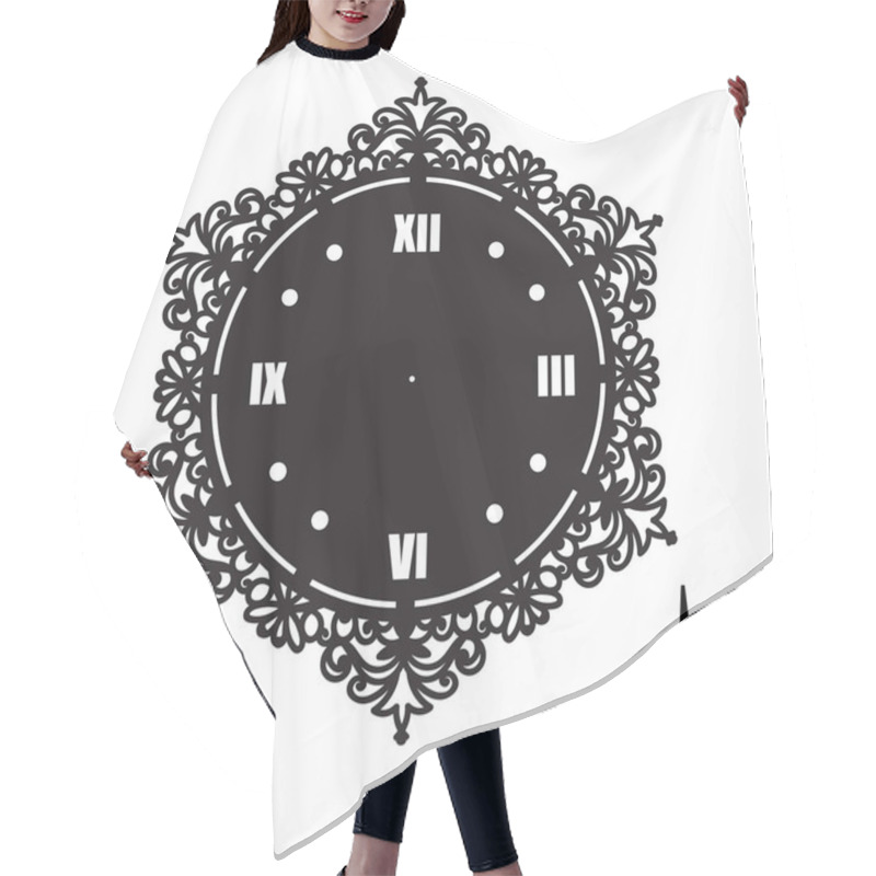 Personality  Simple Clock Face With Roman Numerals. Vector Template Of Silhouette. Dial For Laser Cut, Wood Carving, Die Cut Pattern. Illustration Isolated On White Background. Openwork Stencil With Lace Ornament. Hair Cutting Cape