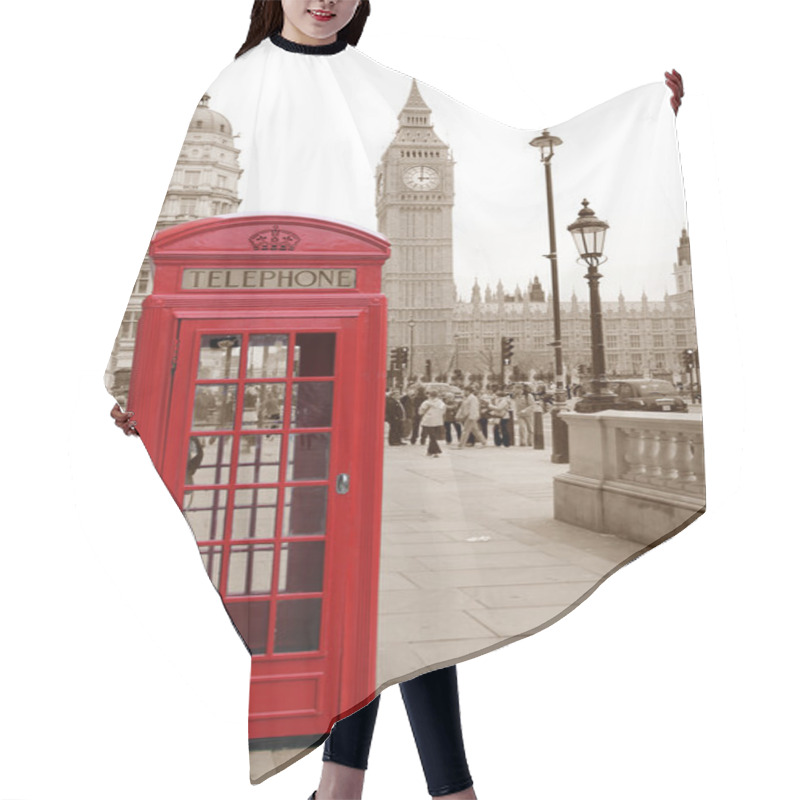 Personality  A Traditional Red Phone Booth In London With The Big Ben In A Sepia Background Hair Cutting Cape