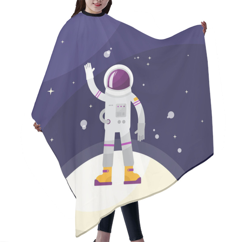 Personality  Astronaut Vector Illustration. Cosmonaut And People In Outer Space Waving Standing On Planet Or Moon. Flight And Exploration Interstellar Mission With Helmet And Suit. Hair Cutting Cape