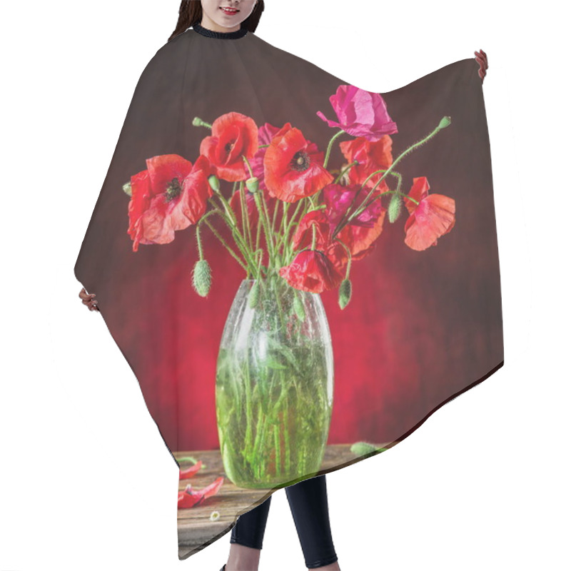 Personality  Bouquet Of Poppy Flowers In The Vase On The Wooden Table. Hair Cutting Cape