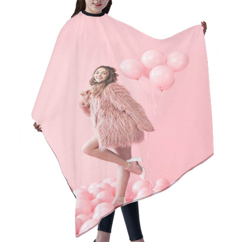 Personality  Full Length Portrait Of Happy Glamour Woman With Pink Balloons On Pink Pastel Background Hair Cutting Cape