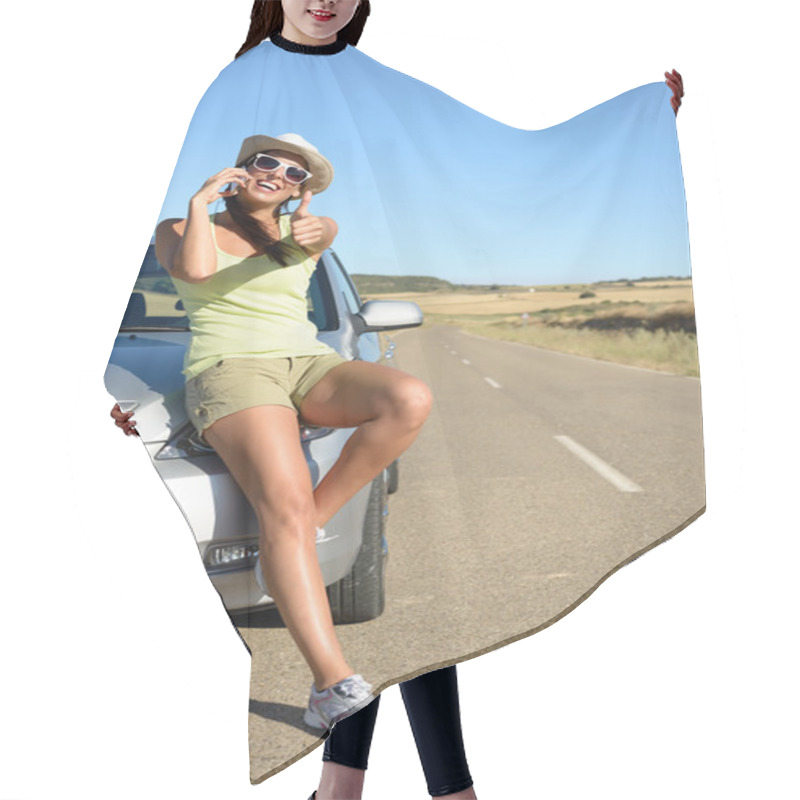 Personality  Woman On Car Travel Talking On Cellphone Hair Cutting Cape