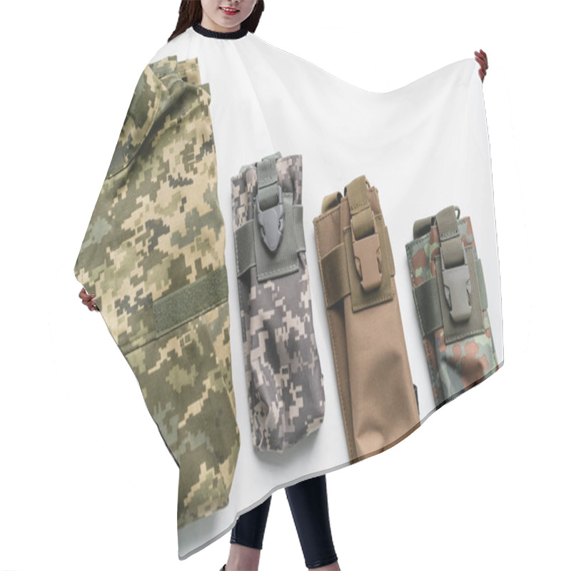 Personality  Top View Of Military Bags And Uniform On White Background  Hair Cutting Cape