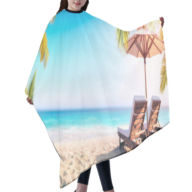 Personality  Deckchairs And Parasol With Palm Trees In The Tropical Beach Hair Cutting Cape