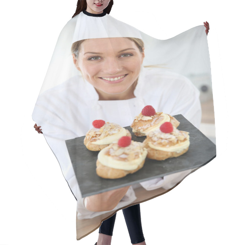 Personality  Pastry Chef Showing Desserts Hair Cutting Cape