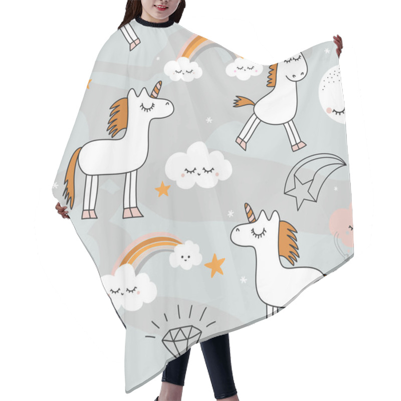 Personality  Lovely Unicorns In Love With Sky, Rainbows And Clouds In Pastel Colors. Scandinavian Style Simple Seamless Pattern For Kids And Nursery Bedroom Or Valentine's Day Printable Fabrics. Hair Cutting Cape