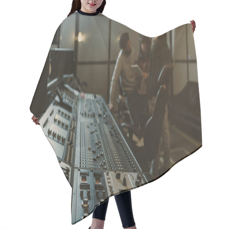 Personality  Blurred Group Of Musicians Spending Time At Recording Studio With Graphic Equalizer Hair Cutting Cape