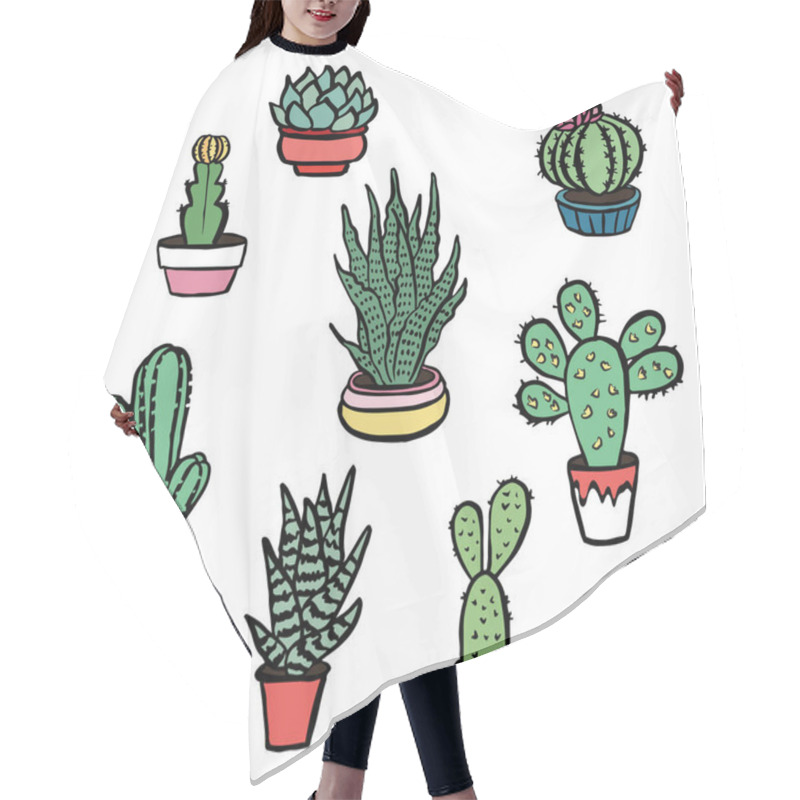 Personality  Cactus And Succulents  With Flowers, Spines And Without. Cactus Isolated On White Background. Vector, Hand Drawn Set Illustration. Hair Cutting Cape