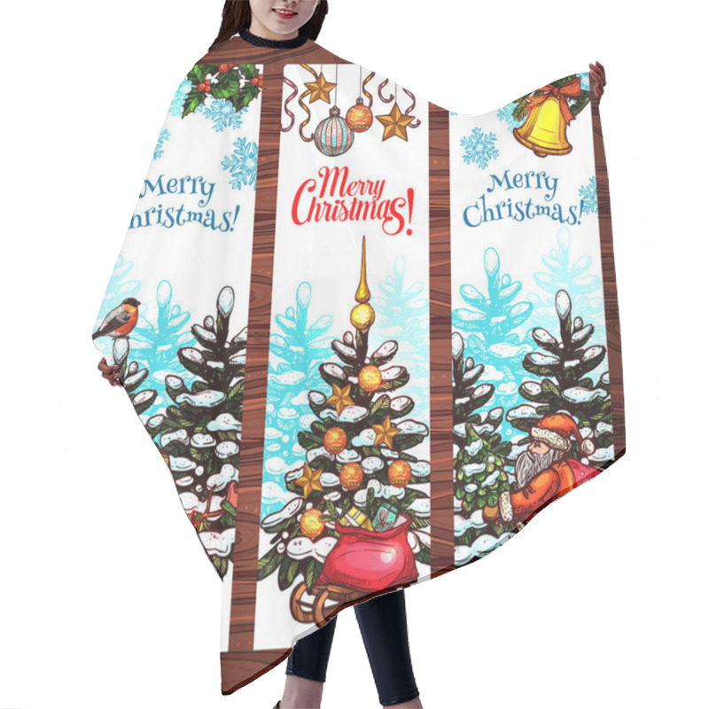 Personality  Christmas Sketched Banner Set On Wooden Background Hair Cutting Cape