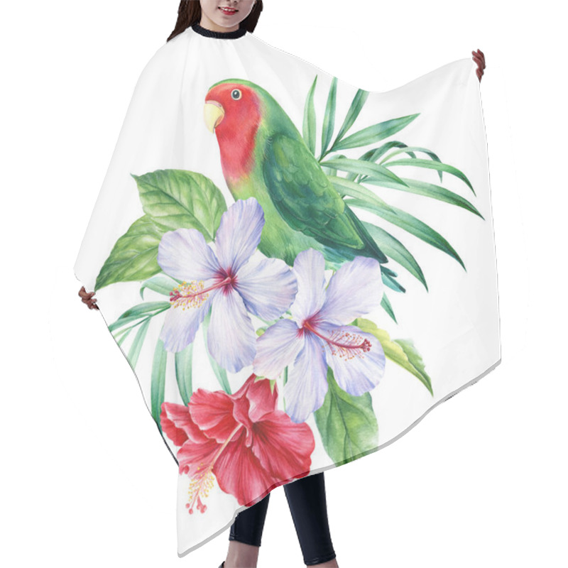 Personality  Parrots-lovebird And Palm Leaves, Tropical Hibiscus Flowers On A White Background, Watercolor Illustration Hair Cutting Cape