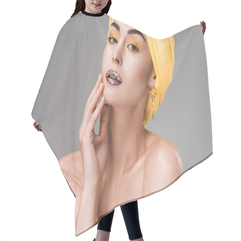 Personality  Beautiful Naked Girl With Stylish Makeup Wearing Yellow Turban And Looking At Camera Isolated On Grey  Hair Cutting Cape