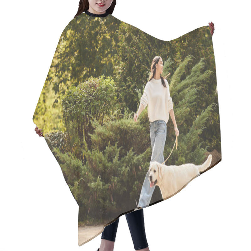 Personality  A Young Woman In Cozy Autumn Attire Walks Joyfully With Her Happy Dog Amidst Falling Leaves. Hair Cutting Cape