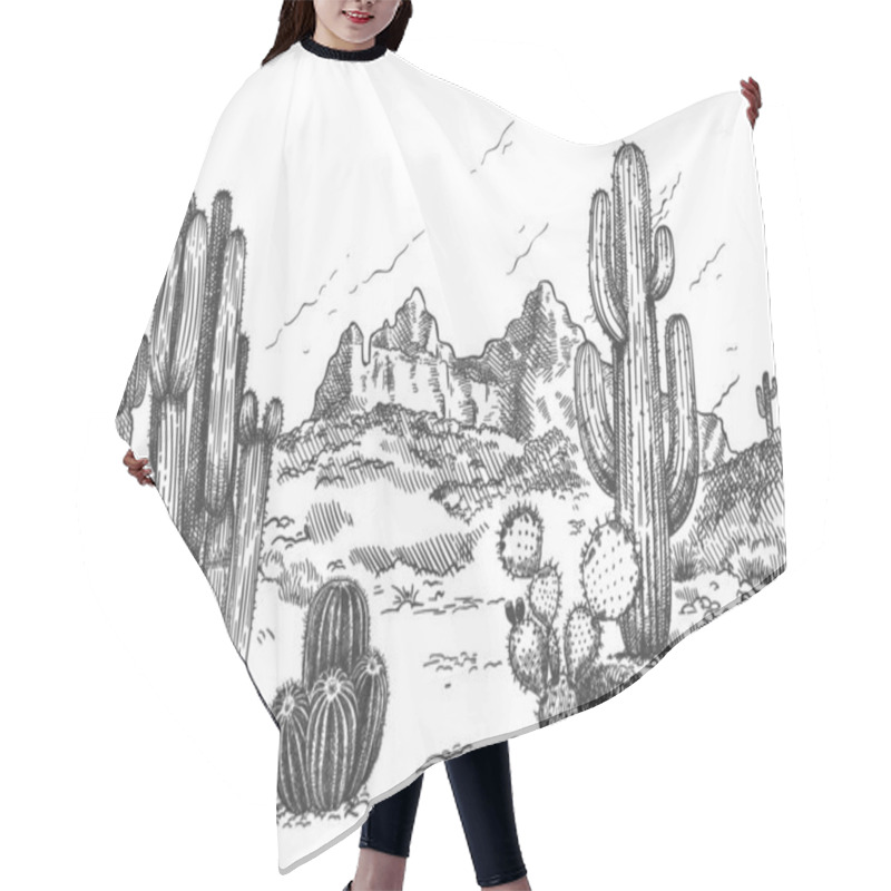 Personality  Desert Landscape. Hand Drawn Mexican Prairie With Plants And Blooming Cactuses, Prickly Succulents Nature Wild West Sketch Vector Background Hair Cutting Cape