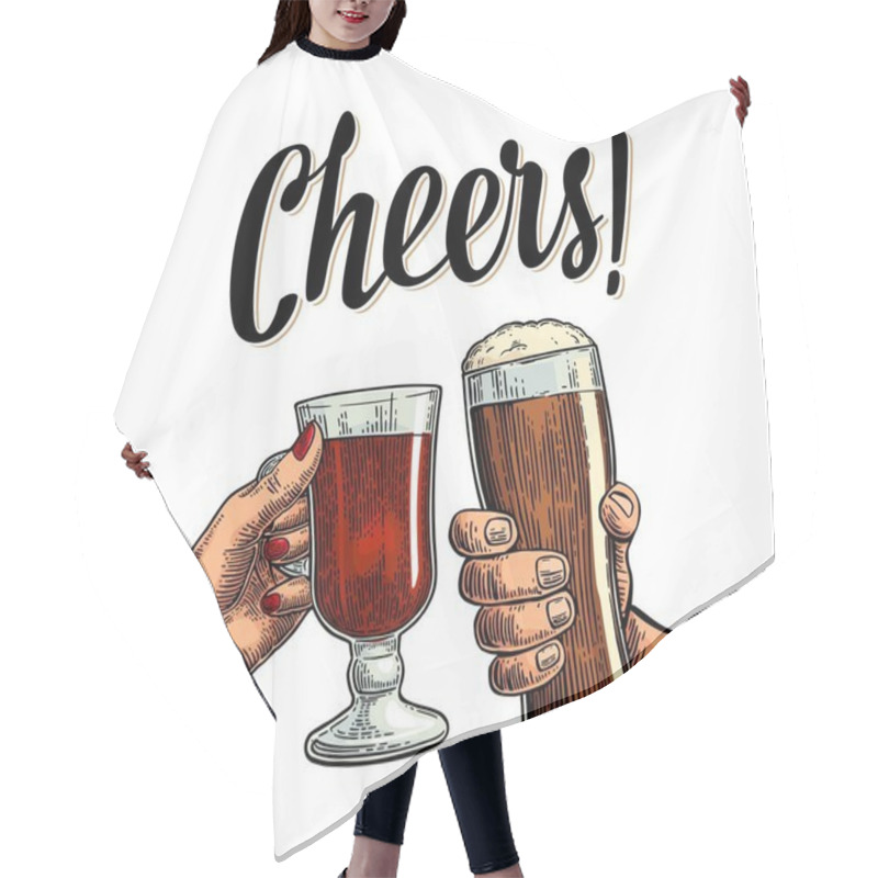 Personality  Female And Male Hands Holding And Clinking With Two Glasses Beer And Mulled Wine. Hair Cutting Cape