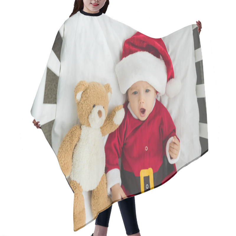 Personality  Top View Of Happy Little Baby In Santa Suit Lying In Crib With Teddy Bear Hair Cutting Cape