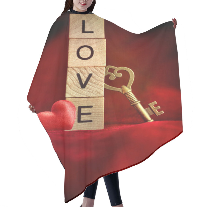 Personality  Gold Key With Wooden Block Letters That Spell The Word Love Hair Cutting Cape