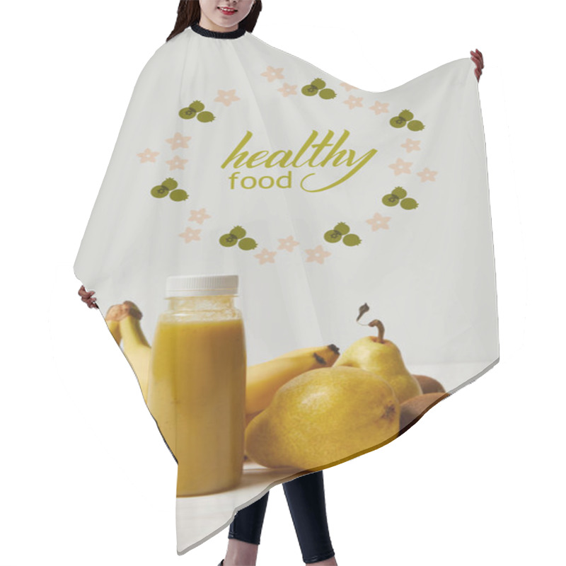 Personality  Yellow Detox Smoothie In Bottles With Bananas, Pears And Kiwis On White Background, Healthy Food Inscription Hair Cutting Cape