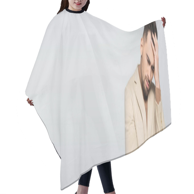 Personality  Frustrated Critic Touching Bowed Head Isolated On Grey, Banner Hair Cutting Cape