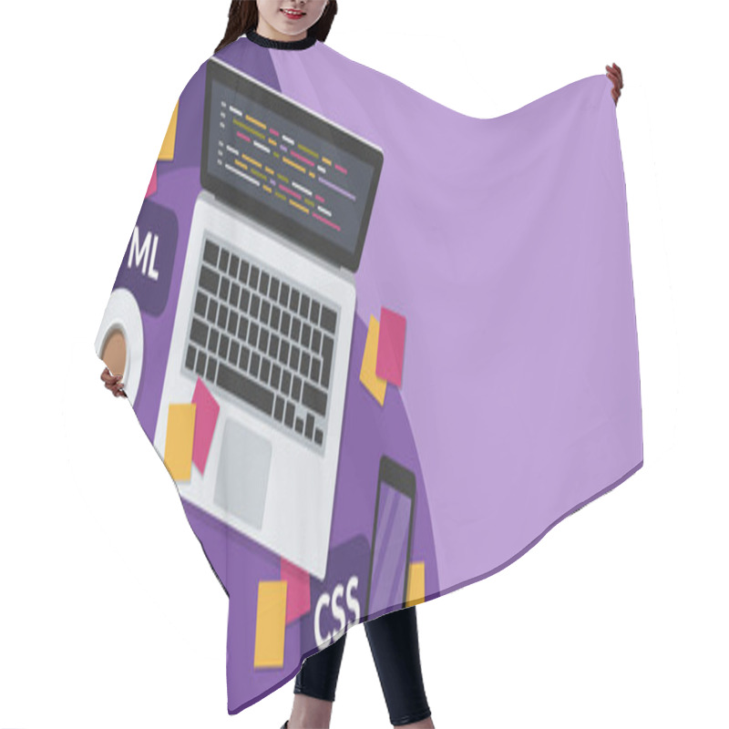 Personality  Web Development And Coding Concept Web Banner With Copy Space On Purple Background. Flat Lay Illustration Of A Programmer Workspace. Hair Cutting Cape