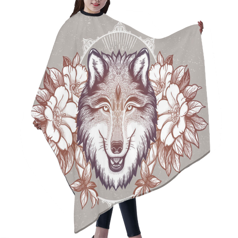 Personality  Portrait Of A Wolf On A Background Of Mountain Landscape.Dreamy Magic Art. Night, Nature, Wicca Symbol. Isolated Vector Illustration. Great Outdoors, Tattoo And T-shirt Design. Hair Cutting Cape