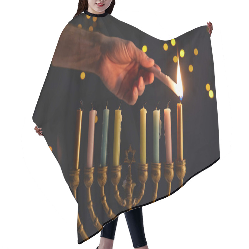 Personality  Partial View Of Man Lighting Up Candles In Menorah On Black Background With Bokeh Lights On Hanukkah Hair Cutting Cape