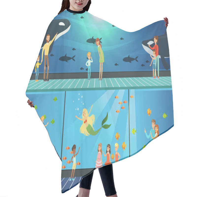 Personality  People Visiting Oceanarium, Parents And Their Kids Watching Underwater Life With Sea Animals And Mermaid Vector Illustration Hair Cutting Cape