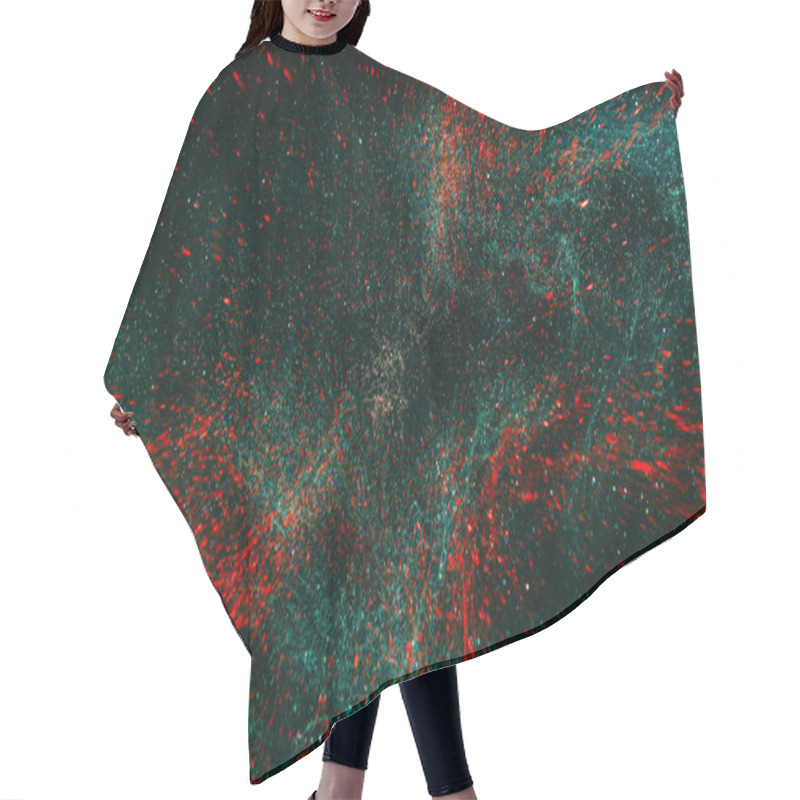 Personality  Dust Particles Background. Magic Portal. Time Travel. Teal Green Red Blur Shiny Sky Stars Sparks In Hypnotic Black Abstract Galaxy Cosmic Art. Hair Cutting Cape