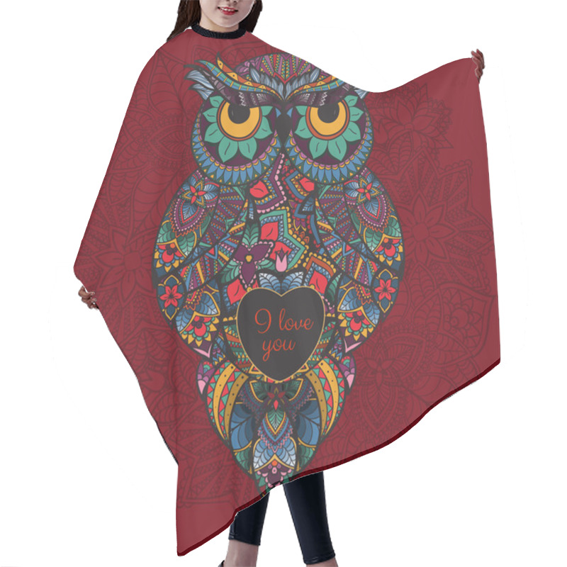 Personality  Vector Illustration Of Ornamental Owl. Bird Illustrated In Tribal. Boho Owl With Love. Heart For Valentine Day Hair Cutting Cape