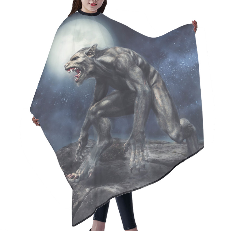 Personality  Fantasy Werewolf Standing On A Rocky Cliff On A Full Moon Night. 3D Render. Hair Cutting Cape