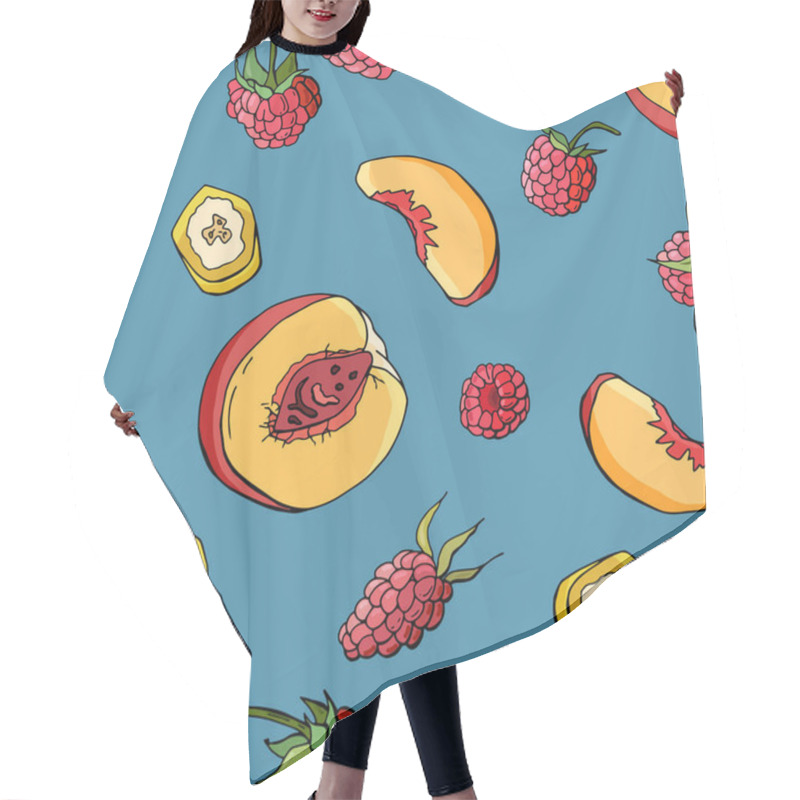 Personality  Seamless Background With Fruits - Raspberries, Slices Of Banana And Peach. Endless Texture For Food Design. Cartoon Style. Stock Illustration. Hair Cutting Cape