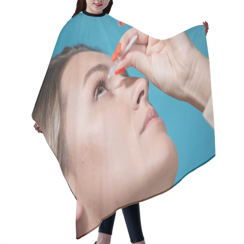 Personality  Woman Drops Eyedrops In Her Eyes To Treat A Disease. Hair Cutting Cape