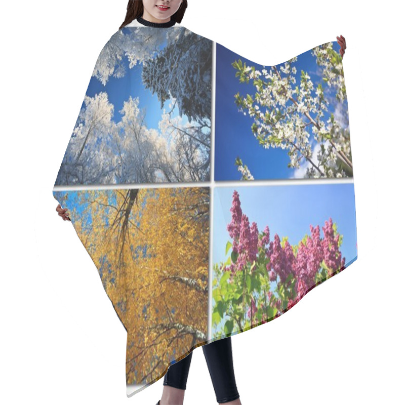 Personality  Four Seasons. Nature In Spring, Summer, Autumn And Winter. Hair Cutting Cape