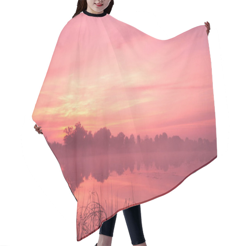 Personality  Early Morning, Dawn Over The Lake. Misty Morning, Rural Landscape, Wilderness, Mystical Feeling Hair Cutting Cape