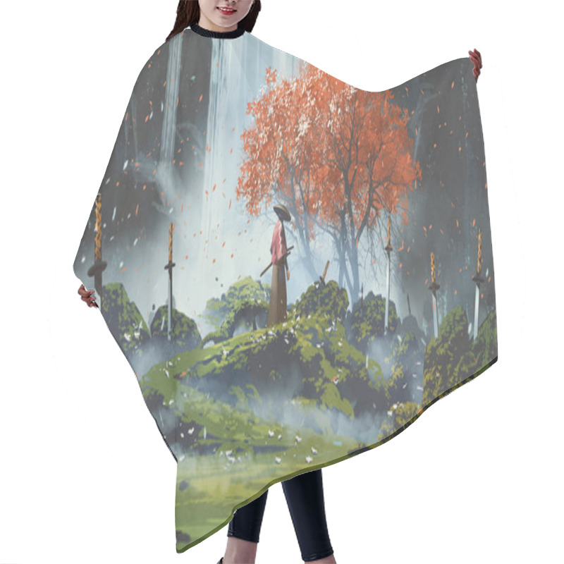 Personality  Samurai Standing In Waterfall Garden With Swords On The Ground, Digital Art Style, Illustration Painting Hair Cutting Cape