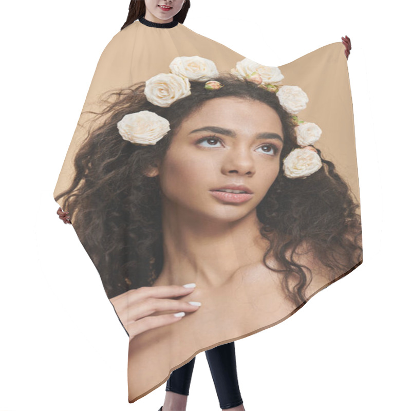 Personality  A Young Woman With Natural Makeup And A Flower Crown, Gazing Upwards. Hair Cutting Cape