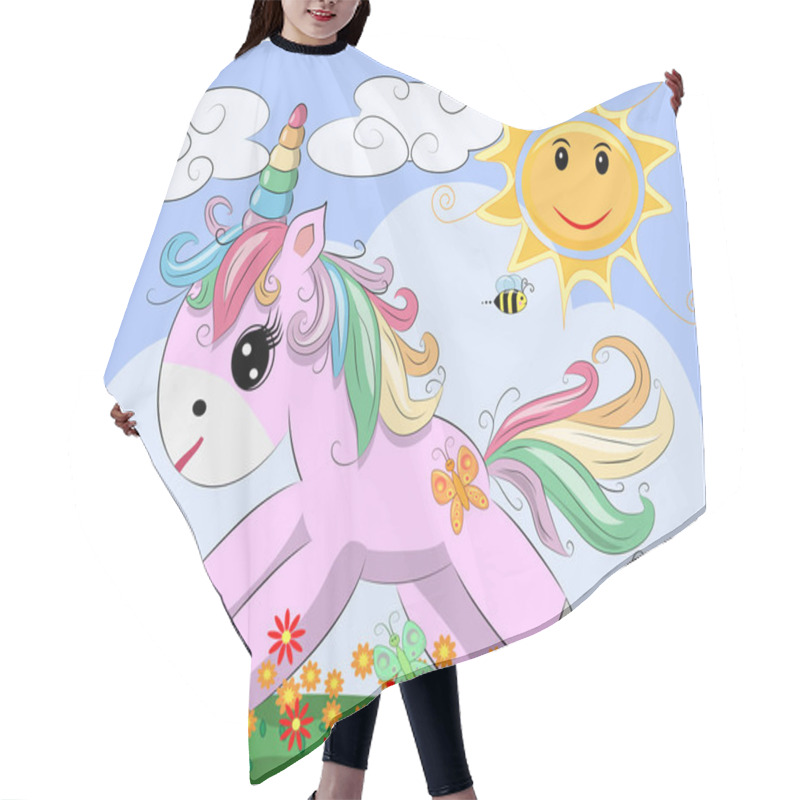 Personality  A Little Pink Cute Cartoon Unicorn On A Clearing With A Rainbow, Flowers, Sun. Postcard, Spring, Magic Hair Cutting Cape