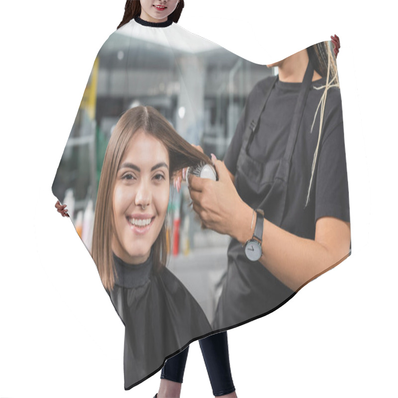 Personality  Salon Services, Hairdresser With Round Brush Styling Hair Of Female Customer, Happy Brunette Woman With Short Hair, Beauty Salon, Hair Volume, Hair Professional  Hair Cutting Cape