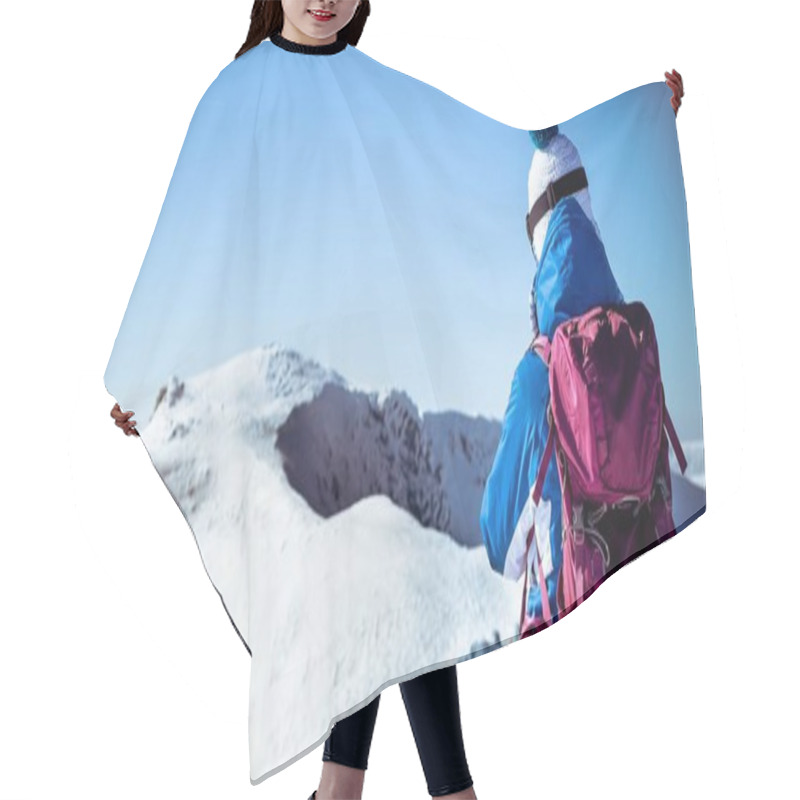 Personality  Young Woman On Mountain Top, Woman Walking On Snowy European Mountains, Panoramic View Of Female In Winter Sports Outfit In Mountains Hair Cutting Cape