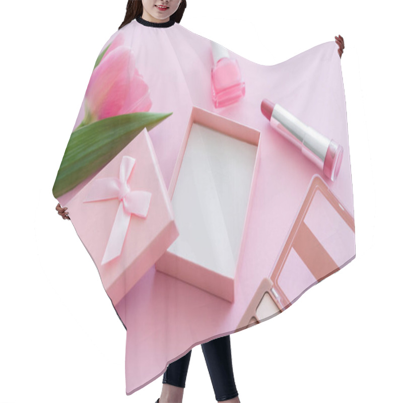 Personality  Blooming Tulip Near Decorative Cosmetics And Gift Box On Pink Hair Cutting Cape