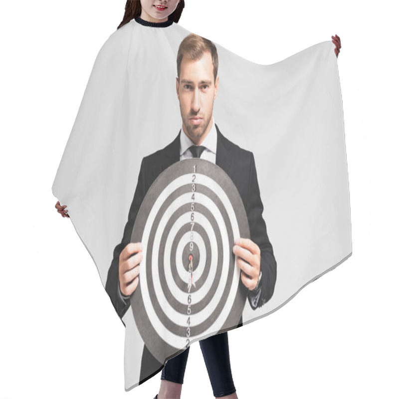 Personality  Handsome Businessman In Suit Holding Darts Board Isolated On Grey Hair Cutting Cape