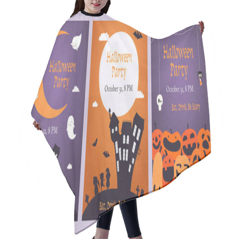 Personality  Set Of Halloween Party Invitations With Pumpkins And Moon With Kids In Costumes . Hand Drawn Vector Illustration. Design Concept For Banner Hair Cutting Cape