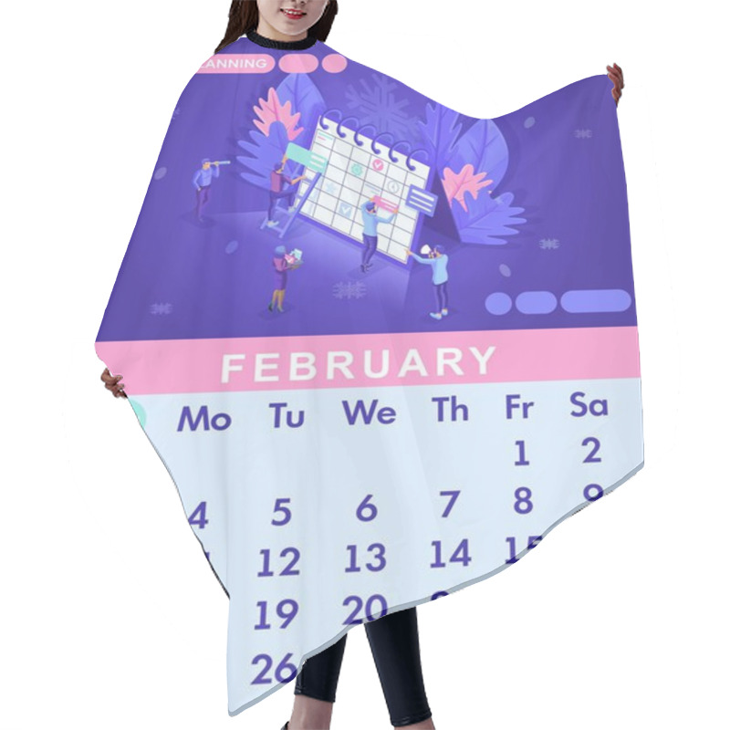 Personality  Isometric Month February From Set Calendar Of 2019. People Work Together In Internet Industry. Characters Make An Online Schedule. Graphic Business Planning Hair Cutting Cape