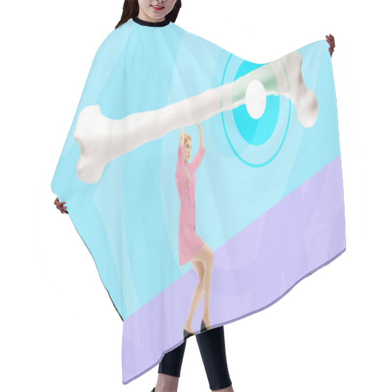 Personality  Woman With Large White Bone Model Against Bright Medical-themed Background, Symbolizing Strength And Anatomy Study. Conceptual Design. Concept Of Health Care, Medicine, Bones Health Hair Cutting Cape