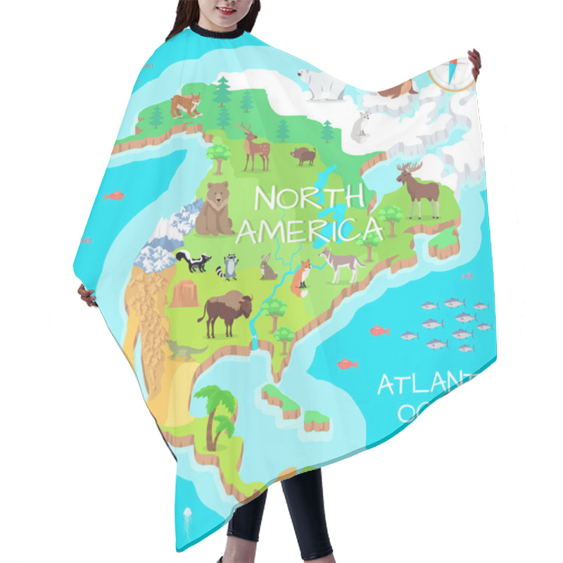 Personality  North America Isometric Map With Flora And Fauna. Hair Cutting Cape