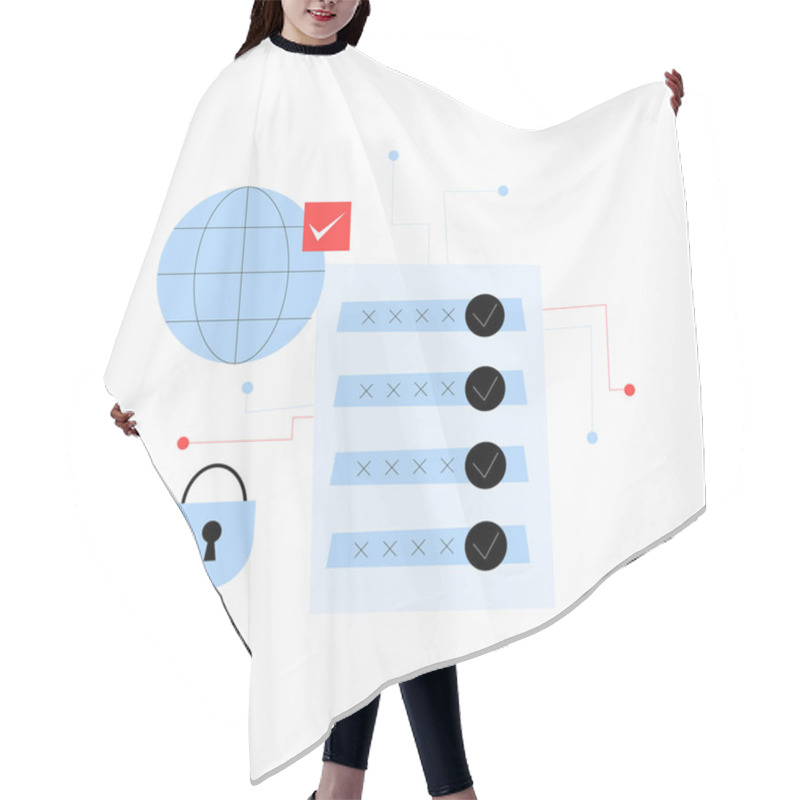 Personality  Security Checklist With Checkmarks, Padlock, And A Globe Icon Representing Secure Internet Access, Cybersecurity Compliance, And Data Protection For Online Users. Hair Cutting Cape