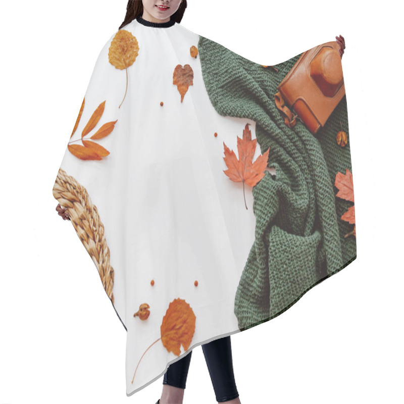 Personality  Flat Lay With Coffee Cup And Old Retro Camera With Autumn Fall Leaves On White Background Hair Cutting Cape