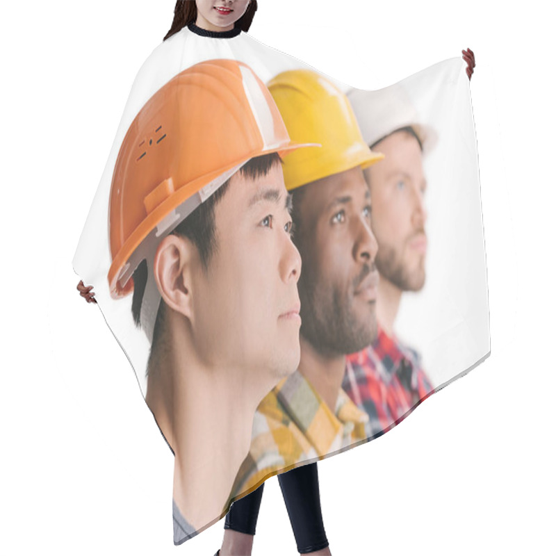 Personality  Group Of Multiethnic Construction Workers Hair Cutting Cape