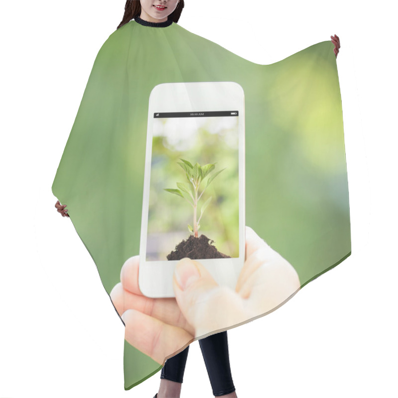 Personality  Woman Hand Holding Smart Phone Hair Cutting Cape