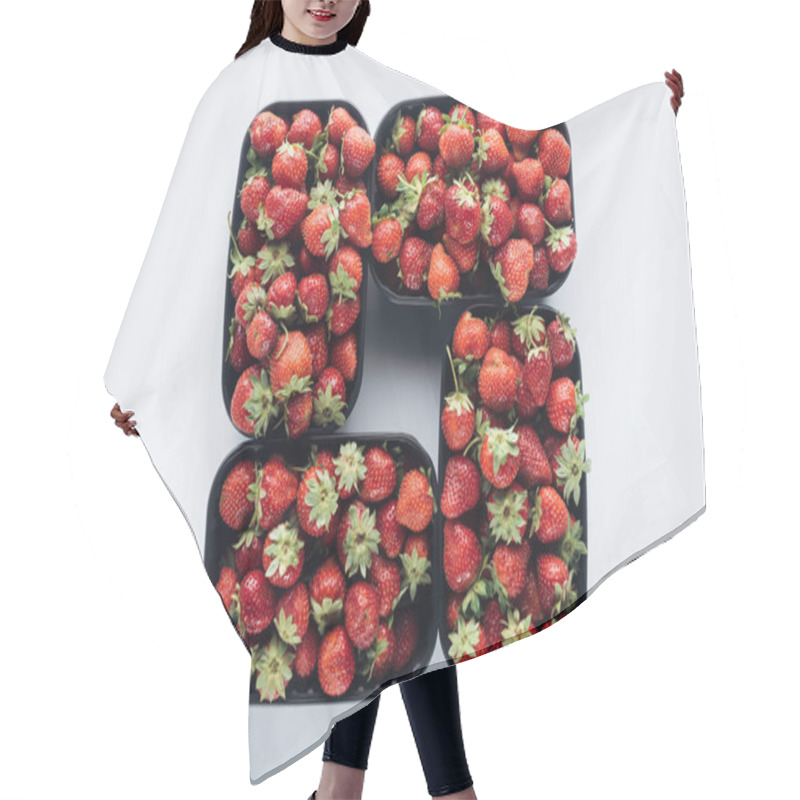 Personality  Top View Of Composition Of Plastic Containers With Ripe Strawberries On White Surface Hair Cutting Cape